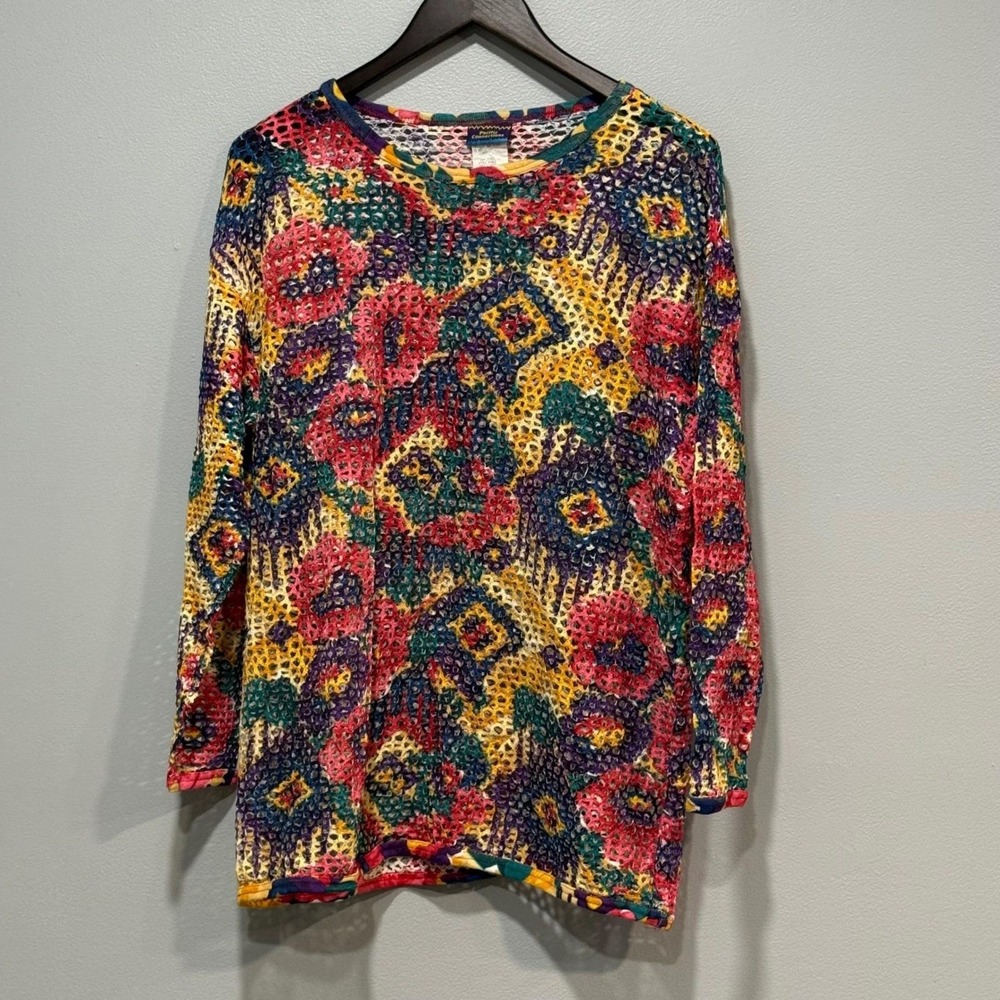 Pacific Connections Vintage 90s Fishnet Mesh Top‎ Cotton Geometric Multi Color L
